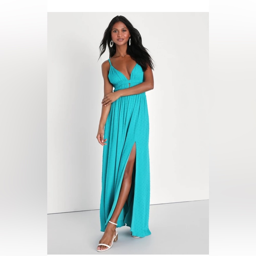 NWT Lulu’s Teal Blue Swiss Dot Size L Maxi Dress